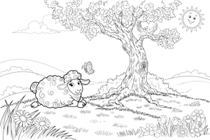 A sheep resting under a tree – Sheep coloring page