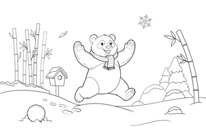 Panda sniege – žaismingos pandos spalvinimo paveiksliukas