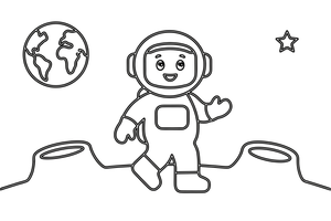 Skafandrą vilkintis astronautas vaikšto Mėnulyje – astronauto tyrinėtojo spalvinimo paveiksliukas