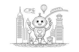 Robotas futuristiniame mieste – judraus roboto spalvinimo paveiksliukas