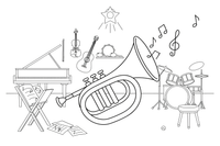 Trimitas, iš kurio sklinda natos – muzikos instrumentų spalvinimo paveiksliukas