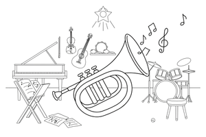 Trimitas, iš kurio sklinda natos – muzikos instrumentų spalvinimo paveiksliukas