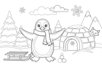 Pingvinas prie iglu – pingvinų nuotykių Arktyje spalvinimo paveiksliukas