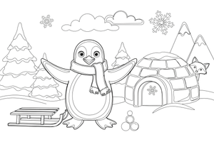 Pingvinas prie iglu – pingvinų nuotykių Arktyje spalvinimo paveiksliukas