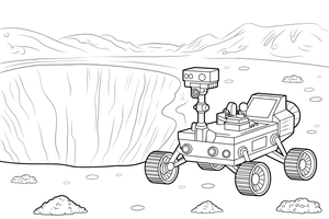 A space rover next to a big crater – Space Rover Trails coloring page