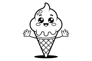 Kawaii besišypsantis ledų rožkutis su linksmomis akutėmis ir rausvais skruostukais – mielų maisto veidukų spalvinimo paveiksliukas