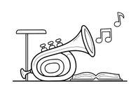Trimitas, iš kurio sklinda natos – muzikos instrumentų spalvinimo paveiksliukas