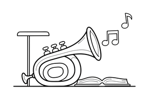 Trimitas, iš kurio sklinda natos – muzikos instrumentų spalvinimo paveiksliukas