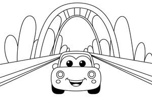 Automobilis ant tilto – automobilių mieste spalvinimo paveiksliukas