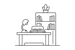 Skaitymo lempa ir atversta knyga ant medinio stalo – jaukios bibliotekos spalvinimo paveiksliukas