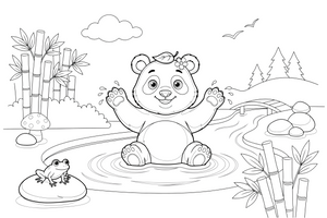 Panda prie kalnų upelio – žaismingos pandos spalvinimo paveiksliukas