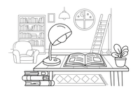 Skaitymo lempa ir atversta knyga ant medinio stalo – jaukios bibliotekos spalvinimo paveiksliukas