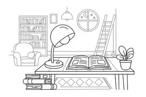 Skaitymo lempa ir atversta knyga ant medinio stalo – jaukios bibliotekos spalvinimo paveiksliukas