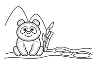Panda prie kalnų upelio – žaismingos pandos spalvinimo paveiksliukas