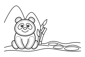 Panda prie kalnų upelio – žaismingos pandos spalvinimo paveiksliukas