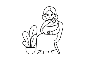 Mama laiko savo kūdikį ir šypsosi – kūdikio spalvinimo paveiksliukas