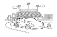 Sportinis automobilis lenktynių trasoje, už jo – tribūnos – sportinių automobilių spalvinimo paveiksliukas