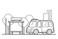 Autobusų stotelė ir atvažiuojantis autobusas – gyvų miesto vietų spalvinimo paveiksliukas