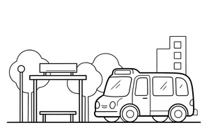 Autobusų stotelė ir atvažiuojantis autobusas – gyvų miesto vietų spalvinimo paveiksliukas