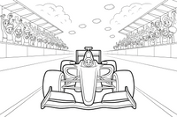 Formulė 1 su džiūgaujančia minia – Formulės 1 varžybų vaizdų spalvinimo paveiksliukas