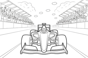 Formulė 1 su džiūgaujančia minia – Formulės 1 varžybų vaizdų spalvinimo paveiksliukas