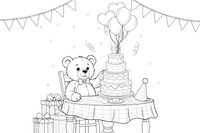 A teddy bear sitting at a table with a birthday cake – Birthday Cake Wishes coloring page