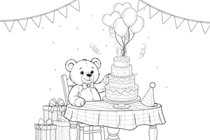 A teddy bear sitting at a table with a birthday cake – Birthday Cake Wishes coloring page