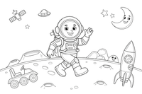 Skafandrą vilkintis astronautas vaikšto Mėnulyje – astronauto tyrinėtojo spalvinimo paveiksliukas