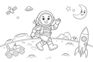 Skafandrą vilkintis astronautas vaikšto Mėnulyje – astronauto tyrinėtojo spalvinimo paveiksliukas