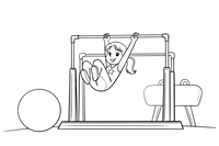 Gimnastė supasi ant skirtingo aukščio lygiagrečių – gimnastikos spalvinimo paveiksliukas