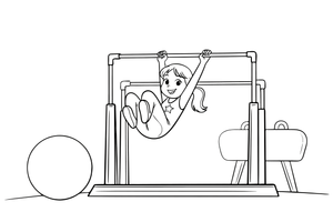 Gimnastė supasi ant skirtingo aukščio lygiagrečių – gimnastikos spalvinimo paveiksliukas