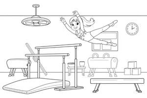 Gimnastė supasi ant skirtingo aukščio lygiagrečių – gimnastikos spalvinimo paveiksliukas
