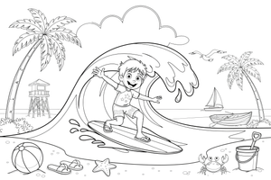 Banglentininkas čiuožia ant vienos didelės besiritančios bangos – saulėto paplūdimio ir pajūrio spalvinimo paveiksliukas