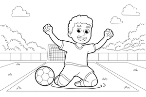 Žaidėjas švenčia čiuoždamas ant kelių – energingo futbolininko spalvinimo paveiksliukas