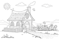 A cottage with ivy and a smoking chimney – Cottages coloring page