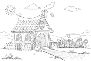A cottage with ivy and a smoking chimney – Cottages coloring page