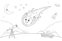 Meteoras su ryškiu pėdsaku skrieja žemyn naktiniu dangumi – kosmoso objektų spalvinimo paveiksliukas