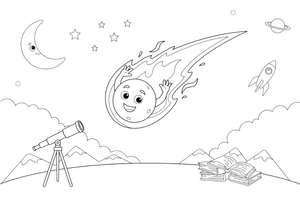 Meteoras su ryškiu pėdsaku skrieja žemyn naktiniu dangumi – kosmoso objektų spalvinimo paveiksliukas