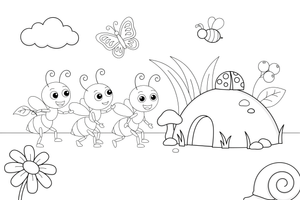 Trys mažos skruzdėlės eina eile link skruzdėlyno – vabzdžių ir vabalų spalvinimo paveiksliukas