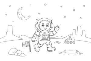 Astronautas žengia pirmąjį žingsnį ant Marso – Marso spalvinimo paveiksliukas