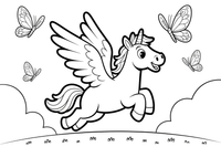 Pegasas vaikosi drugelius danguje – stebuklingo Pegaso skrydžio spalvinimo paveiksliukas