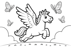 Pegasas vaikosi drugelius danguje – stebuklingo Pegaso skrydžio spalvinimo paveiksliukas