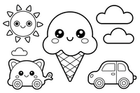 Kawaii besišypsantis ledų rožkutis su linksmomis akutėmis ir rausvais skruostukais – mielų maisto veidukų spalvinimo paveiksliukas
