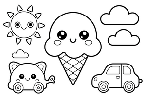 Kawaii besišypsantis ledų rožkutis su linksmomis akutėmis ir rausvais skruostukais – mielų maisto veidukų spalvinimo paveiksliukas