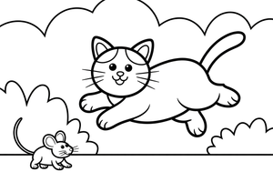 Ragdoll katė šuoliu vejasi pelę – žaidžiančios Ragdoll katės spalvinimo paveiksliukas