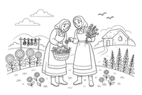 Dvi moterys tautiniais kostiumais pievoje renka laukines gėles – Žolinės spalvinimo paveiksliukas