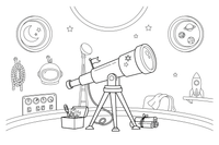 Vienas didelis teleskopas, iš arti – kosminės technikos spalvinimo paveiksliukas