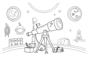 Vienas didelis teleskopas, iš arti – kosminės technikos spalvinimo paveiksliukas