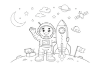 Astronautas šalia raketos – astronauto spalvinimo paveiksliukas