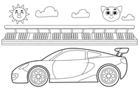 Sportinis automobilis lenktynių trasoje, už jo – tribūnos – sportinių automobilių spalvinimo paveiksliukas